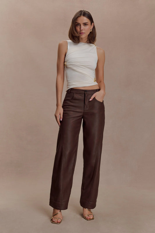 Theo Faux Leather Mid Rise Pants - Dark Chocolate