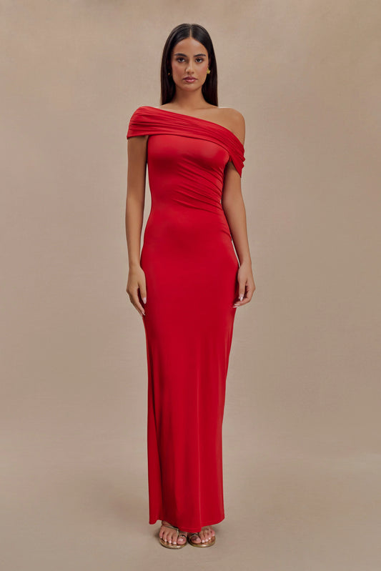 Cassandra Off Shoulder Slinky Maxi Dress - Red